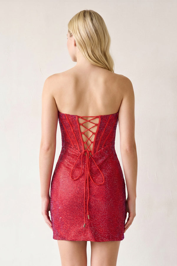 Red Sheath Beaded Strapless Corset Mini Party Dress (2) | KISSPROM