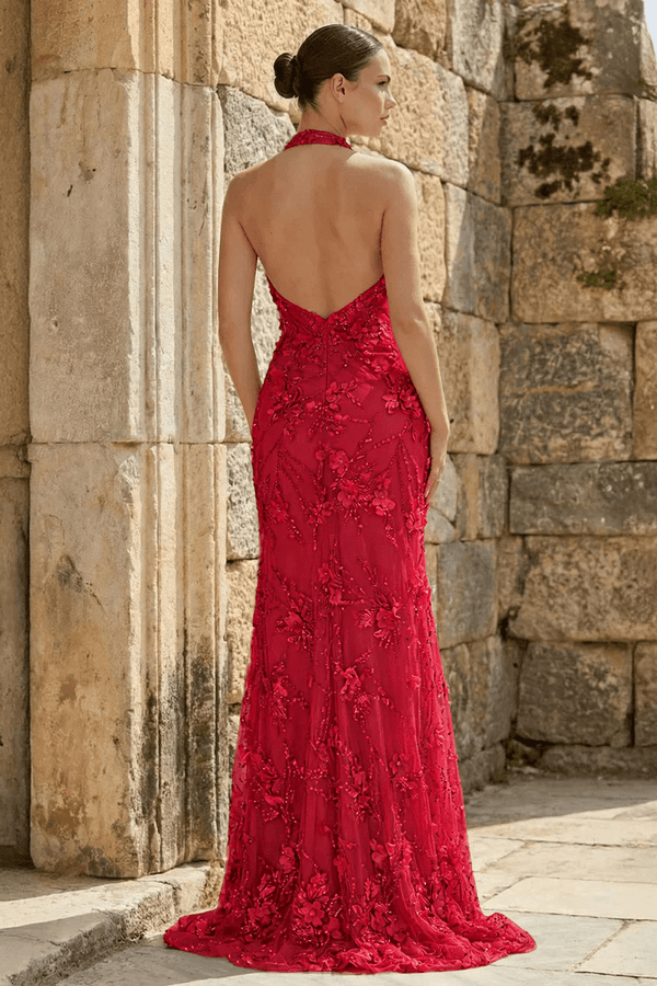 Red Sheath Halter Sequined Long Party Dress With Floral Appliques (2) | KISSPROM