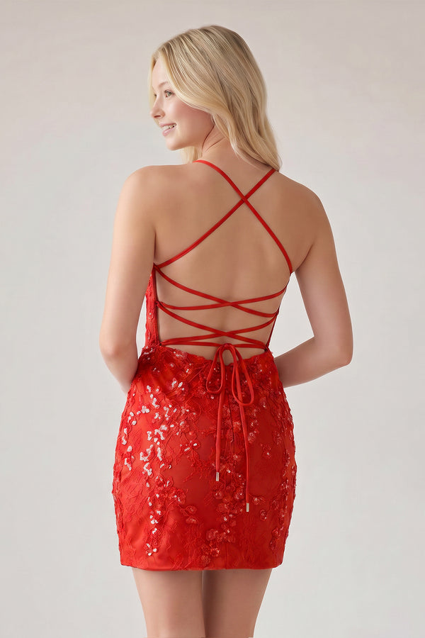 Red Sheath Lace Corset Homecoming Dress (2) | KISSPROM