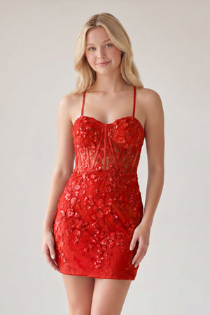 Red Sheath Lace Corset Homecoming Dress | KISSPROM
