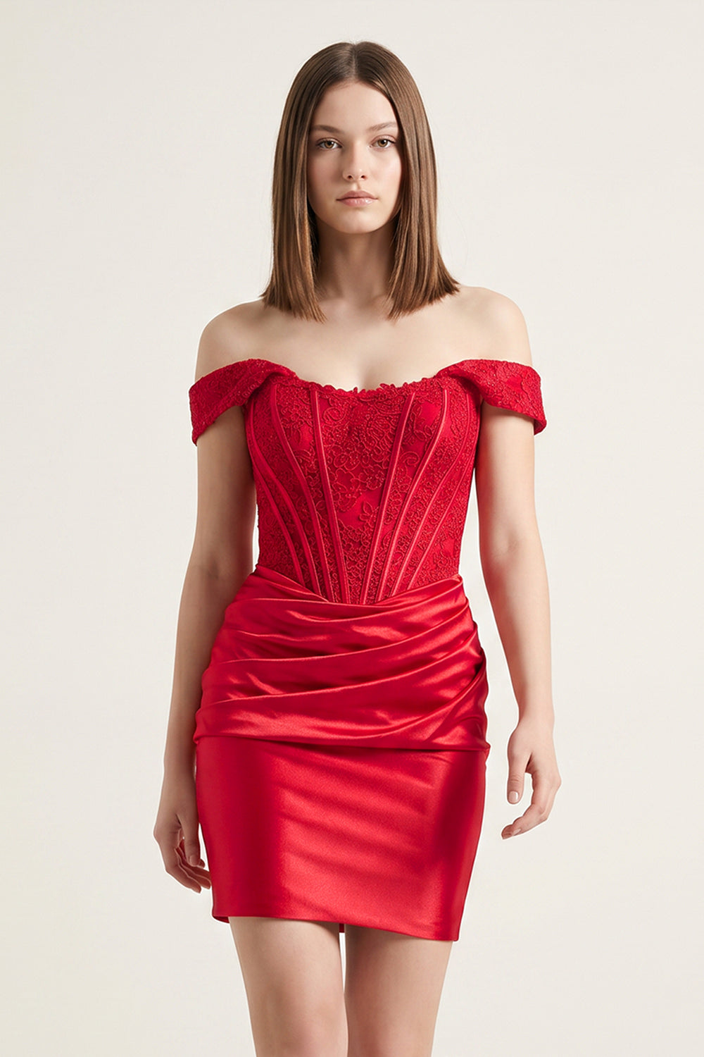 Red Sheath Off the Shoulder Corset Homecoming Dress - KISSPROM