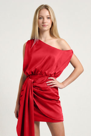 Red Sheath One Shoulder Satin Homecoming Dresses with Drape | KISSPROM