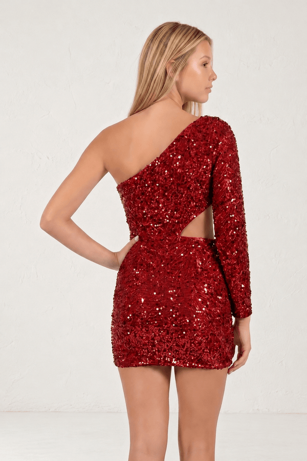Red Sheath Sequin One Shoulder Mini Party Dress (2) | KISSPROM
