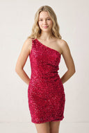 Red Sheath Sequins One Shoulder Mini Party Dress | KISSPROM