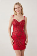 Red Sheath Short V Neck Satin Homecoming Dress with Appliques | KISSPROM