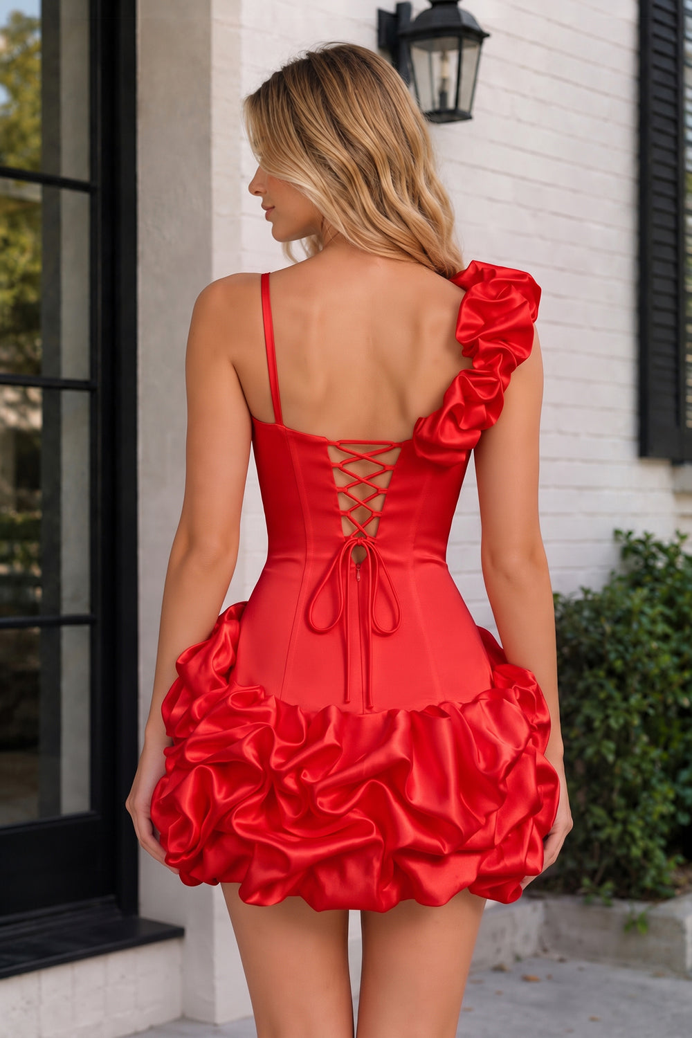 Red Sheath Spandex Ruched V Neck Homecoming Dresses with Ruffles | KISSPROM
