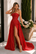 Red Sheath Strapless Long Formal Dress With Sequins | KISSPROM