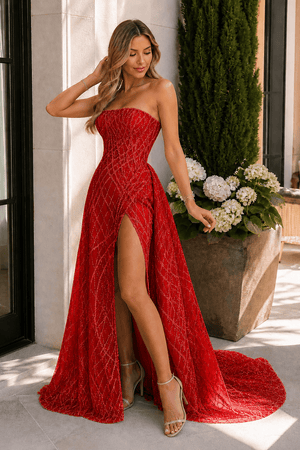 Red Sheath Strapless Long Formal Dress With Sequins | KISSPROM