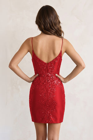 Sheath Short V Neck Satin Homecoming Dress with Appliques