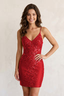 Sheath Short V Neck Satin Homecoming Dress with Appliques