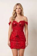 Red Short Off the Shoulder Sheath Kace Corset Mini Homecoming Dresses | KISSPROM