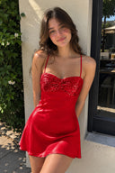 Red Spaghetti Straps Sheath Satin Homecoming Dress With Sequins | KISSPROM