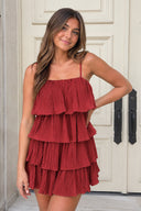 Red Spaghetti Strap Ruffle Tiered Pleated Homecoming Dress | KISSPROM