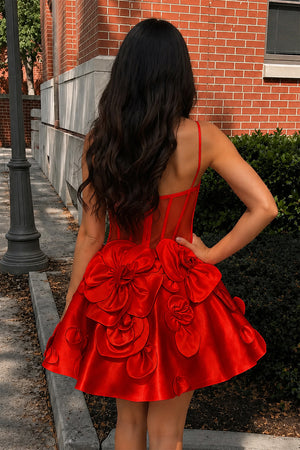 Red Spaghetti Straps A-Line Corset Short Homecoming Dress With 3D Flowers (2) | KISSPROM