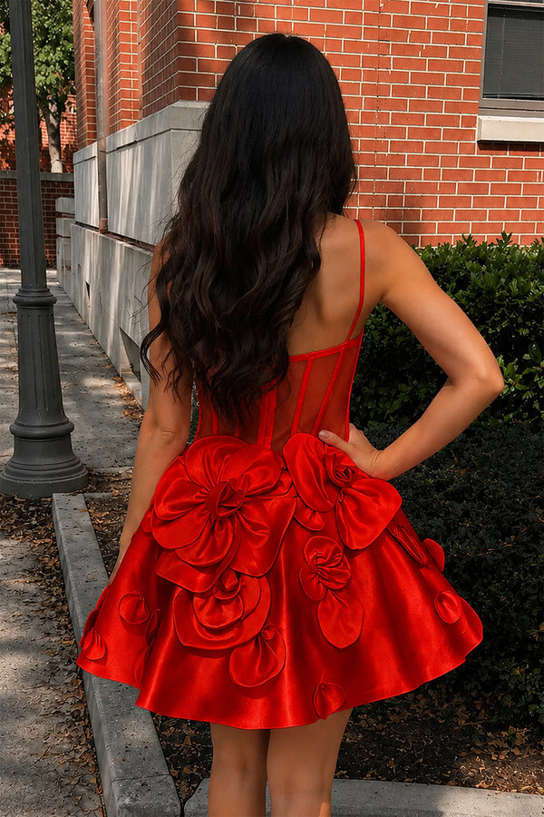 Red Spaghetti Straps A-Line Corset Short Homecoming Dress With 3D Flowers (2) | KISSPROM
