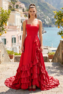 Red Spaghetti Straps A Line Lace-Up Ruffle Tiered Prom Dress with Slit | KISSPROM