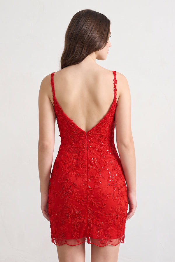 Red Spaghetti Straps Bodycon Sequin Mini Homecoming Dresses With Keyhole (2) | KISSPROM