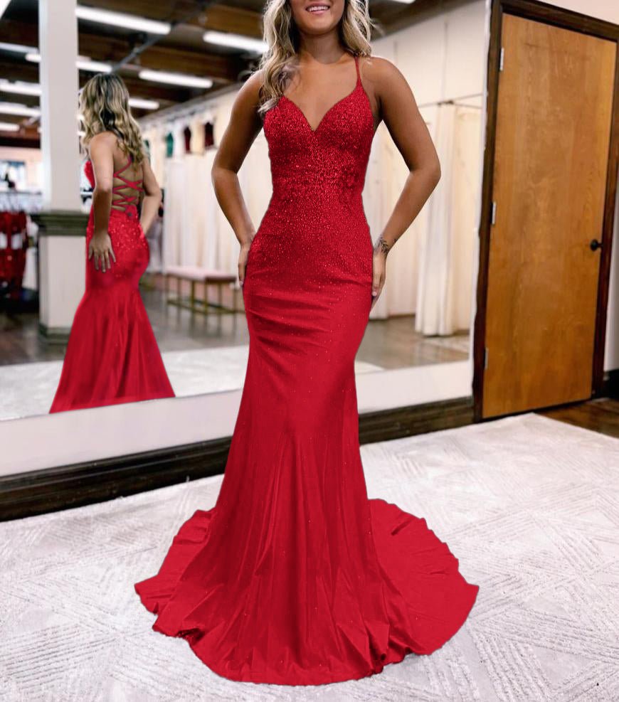 Mermaid Spaghetti Straps Corset Back Satin Prom Dress