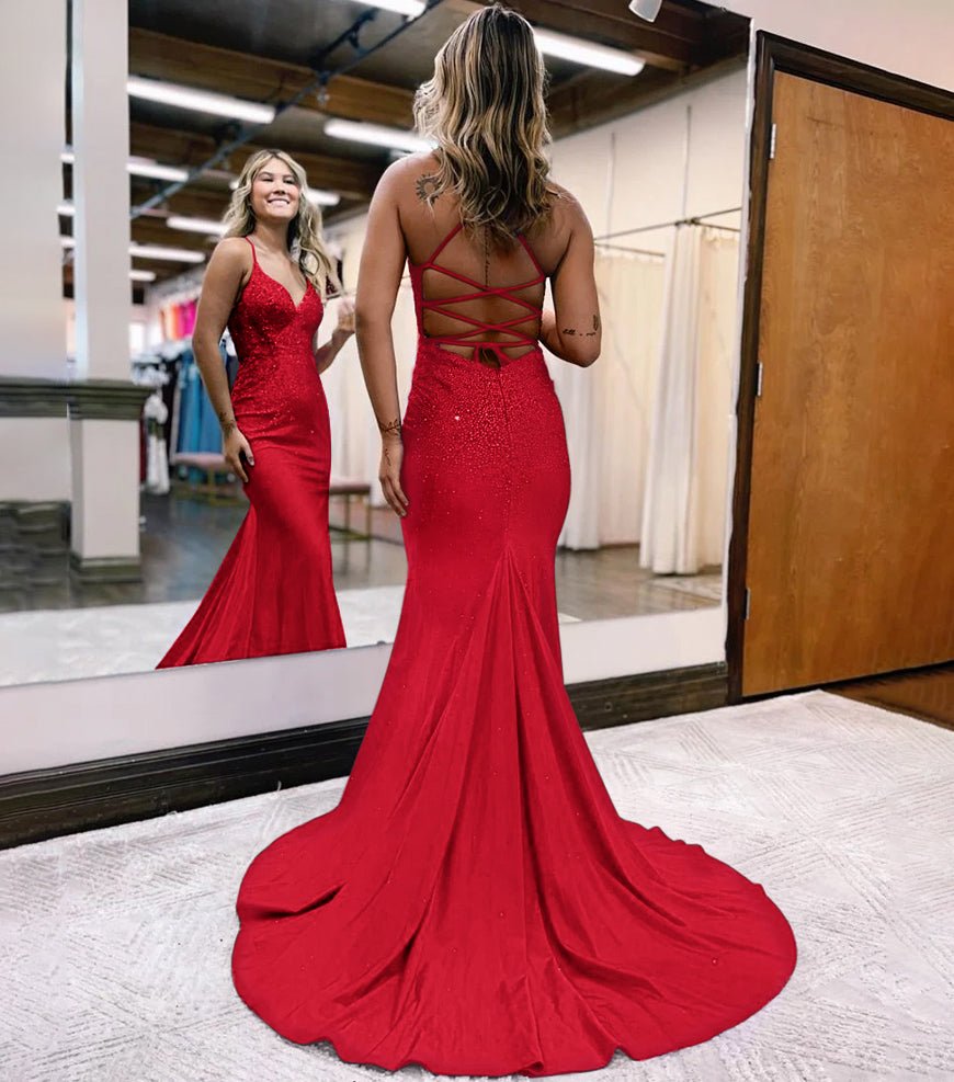 Mermaid Spaghetti Straps Corset Back Satin Prom Dress, Red / 4 Mermaid Spaghetti Straps Corset Back Satin Prom Dress, Red / 4