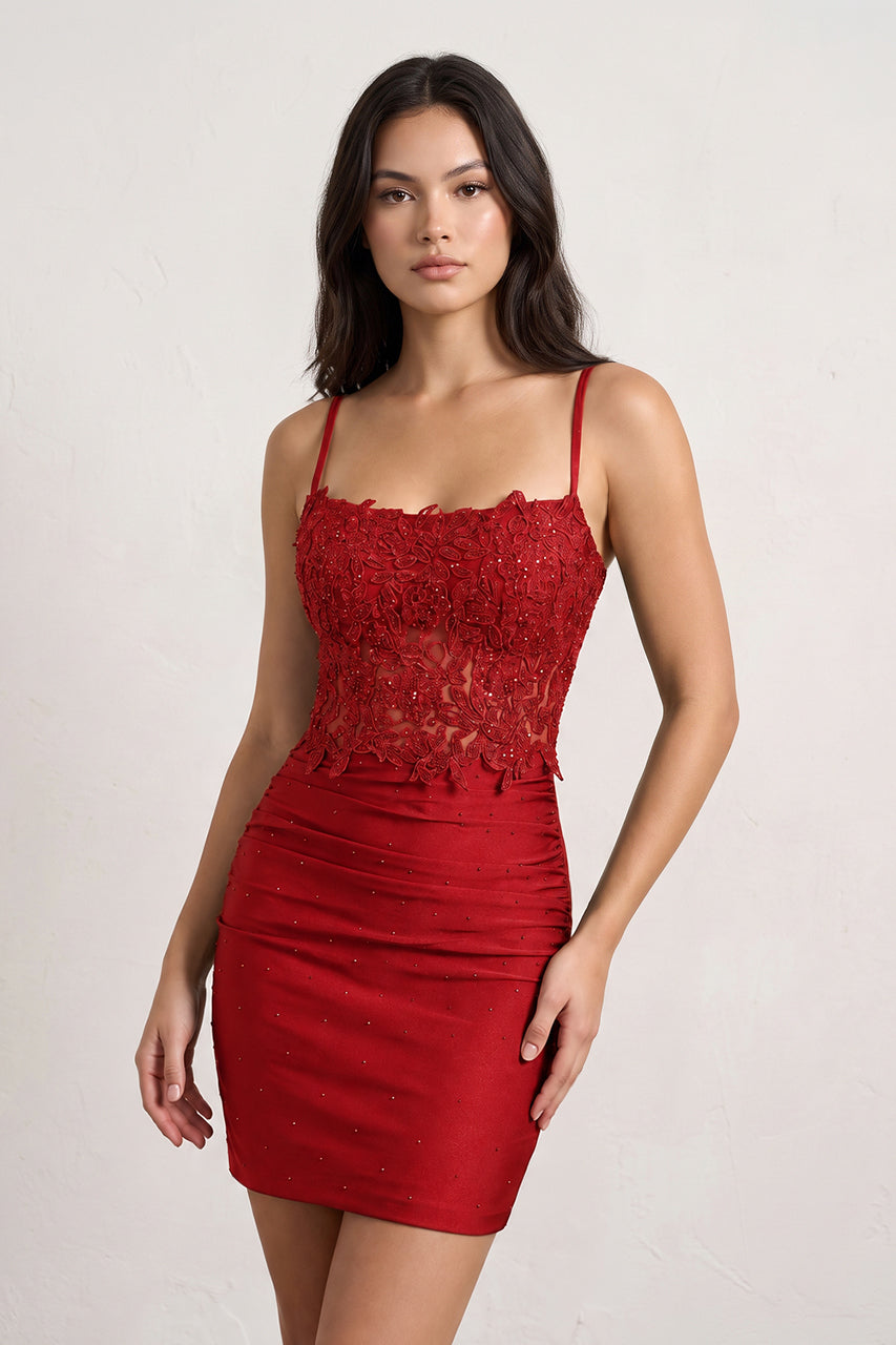 Red Spaghetti Straps Cross Back Bodycon Short Mini Homecoming Dresses | KISSPROM