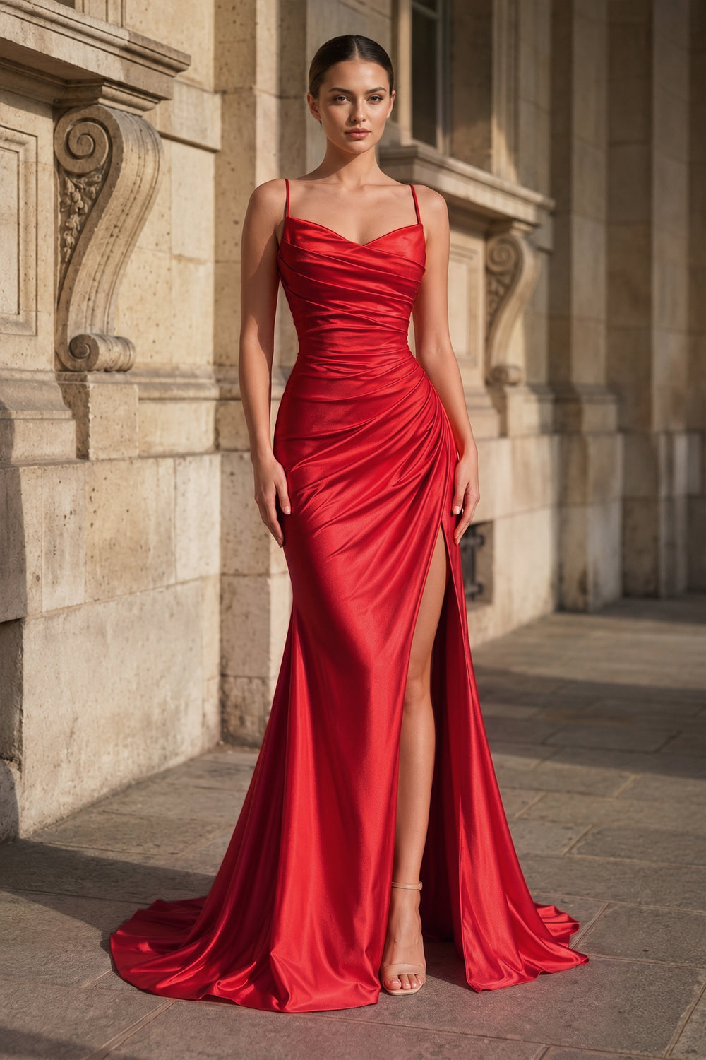 Red Spaghetti Straps Mermaid Satin Slit Prom Dresses | KISSPROM