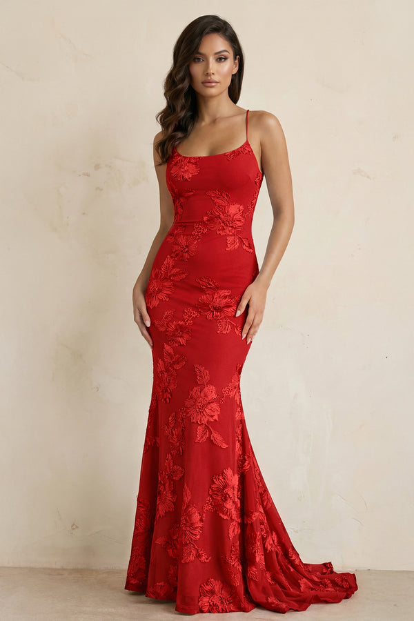 KissProm-Red Spaghetti Straps Mermaid Tulle Long Prom Dresses With Appliques