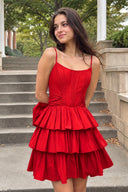 Red Spaghetti Straps Satin A-Line Ruffled Short Corset Homecoming Dress with Bow | KISSPROM