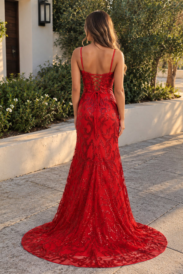 Red Spaghetti Straps Sequins Lace Mermaid Prom Dresses with Slit (2) | KISSPROM