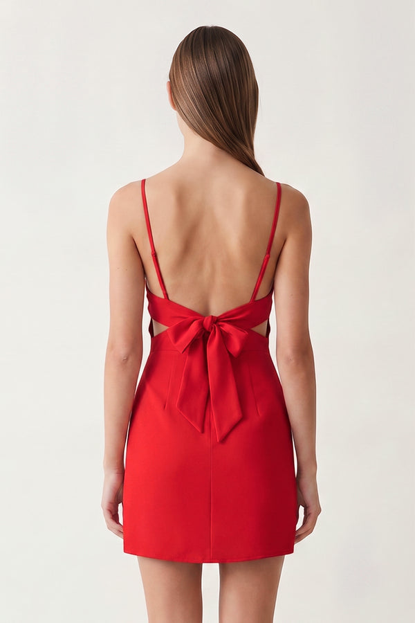 Red Spaghetti Straps Sheath Linen Homecoming Dress With Back Bow | KISSPROM