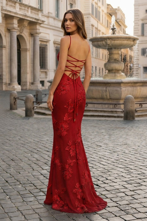 Red Spaghetti Straps Sheath Long Formal Dress With Floral Embroidery (2) | KISSPROM