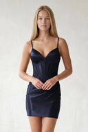 Navy Blue Spaghetti Straps Sheath Satin Corset Ruched Homecoming Dress | KISSPROM