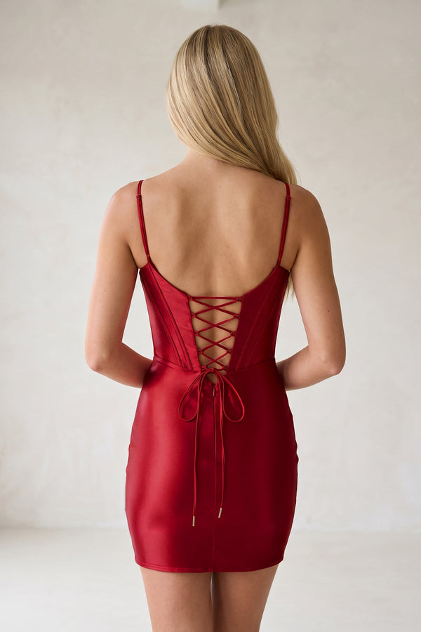 Red Spaghetti Straps Sheath Satin Corset Ruched Homecoming Dress - KISSPROM