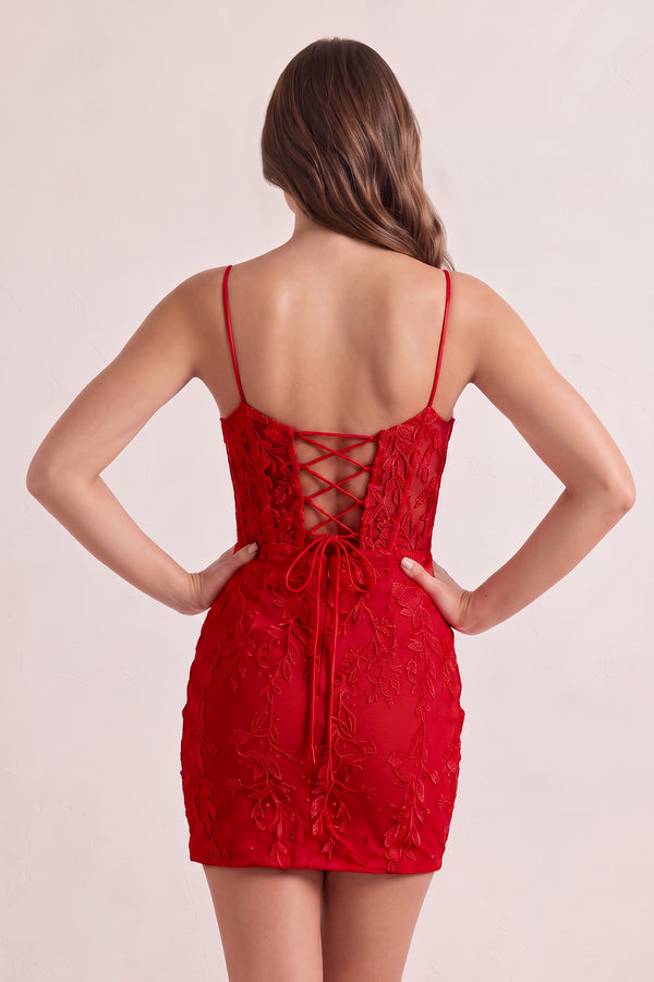 Red Spaghetti Straps Tight Short Homecoming Dress with Appliques (2) | KISSPROM