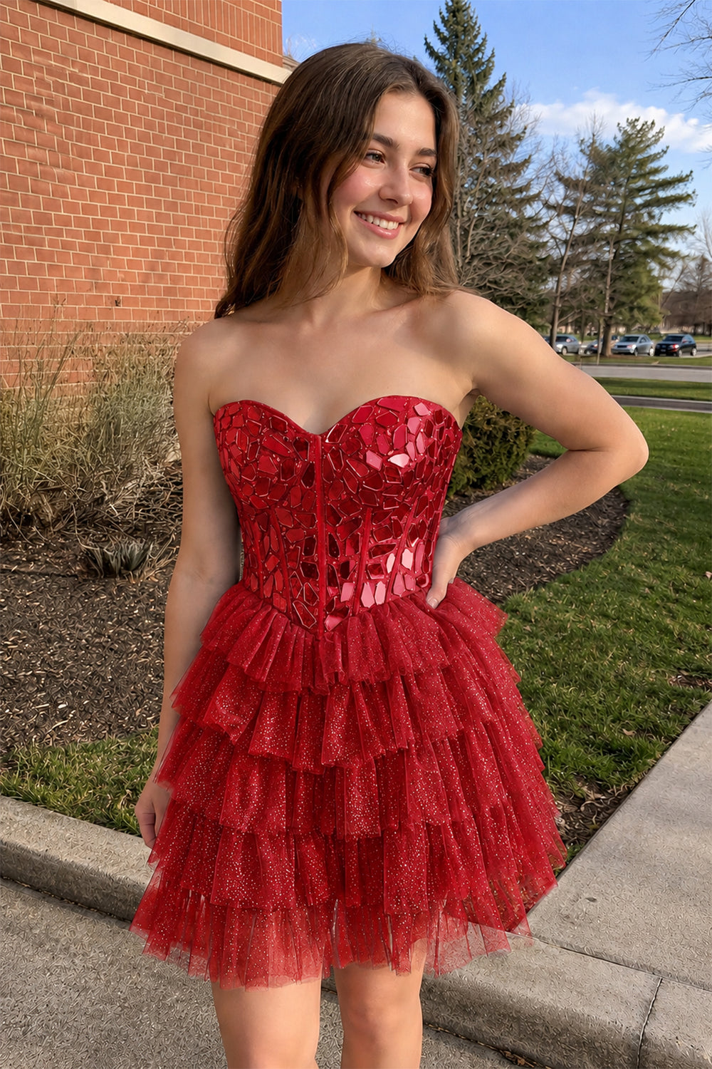 Red Sparkly Sweetheart A-Line Tulle Tiered Homecoming Dress - KISSPROM