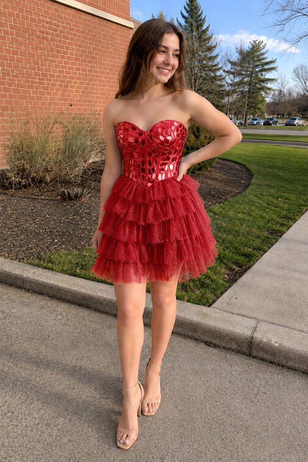Sparkly Champagne Sweetheart A-Line Tulle Tiered Homecoming Dress- KissProm