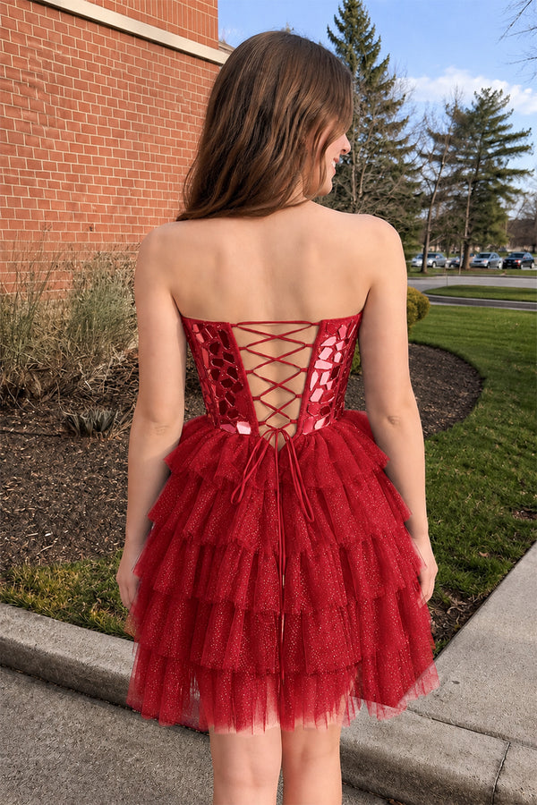 Sparkly Champagne Sweetheart A-Line Tulle Tiered Homecoming Dress- KissProm