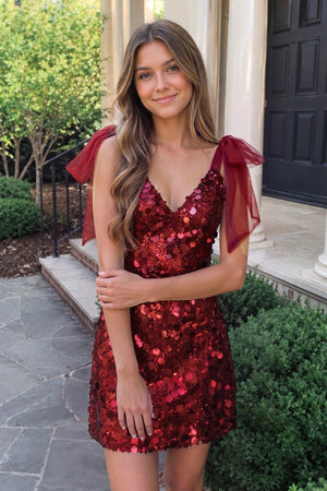 Red Sparkly V-Neck A-Line Sequin Homecoming Dress | KISSPROM