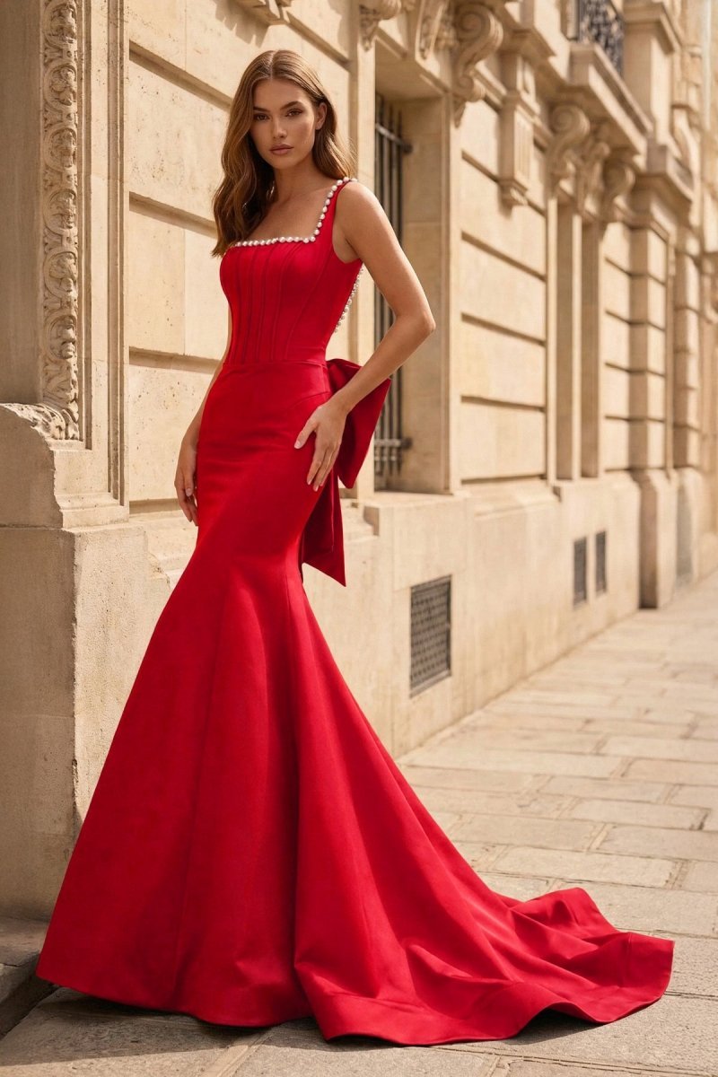 KissProm Black Square Neck Mermaid Satin Long Prom Dresses With Pearls, Red / 6