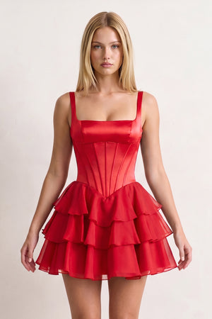 Red Square Neck Satin Corset Ruffled A-Line Homecoming Dress | KISSPROM