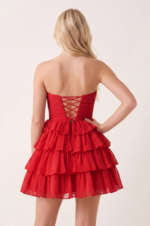 Red Strapless A Line Chiffon Ruffled Cocktail Dresses With Bow (2) | KISSPROM