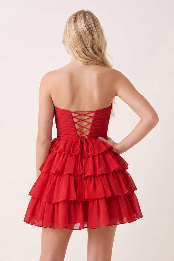 Red Strapless A Line Chiffon Ruffled Cocktail Dresses With Bow (2) | KISSPROM