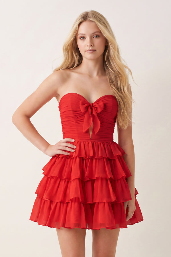 Red Strapless A Line Chiffon Ruffled Cocktail Dresses With Bow | KISSPROM