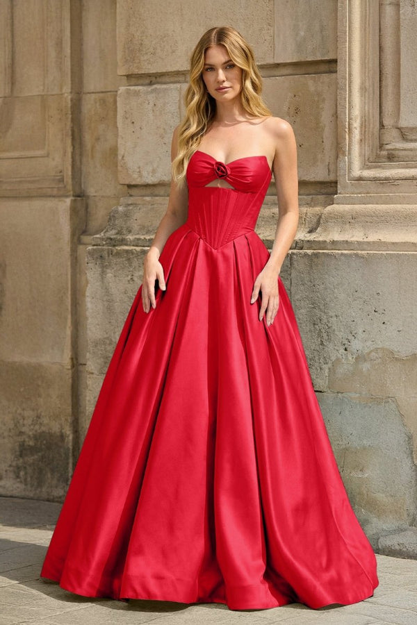 Red Strapless A Line Pleated Satin Long Prom Dresses With Flower - KissProm
