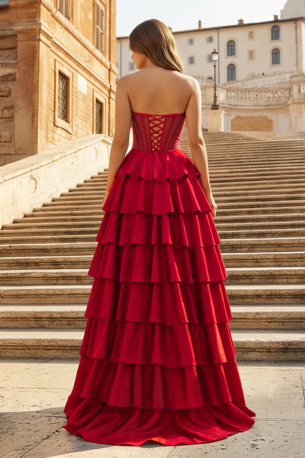 KissProm- Red Sweetheart A Line Satin Ruffled Long Prom Dresses With Slit