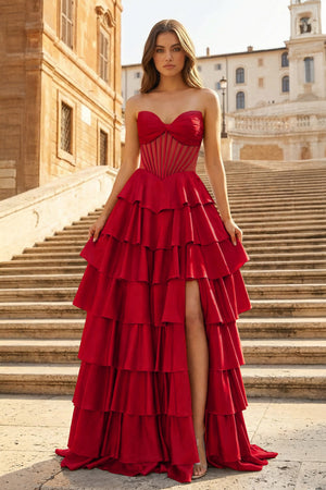 KissProm- Red Sweetheart A Line Satin Ruffled Long Prom Dresses With Slit