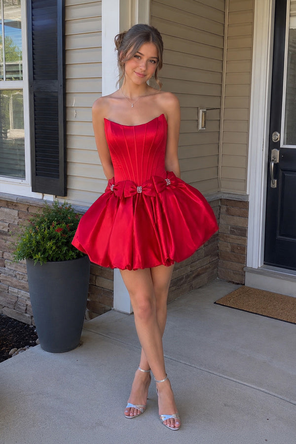 Red Strapless A Line Satin Short Homecoming Dresses With Bow (2) | KISSPROM