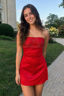 Red Strapless Appliqued Satin Sheath Homecoming Dress | KISSPROM