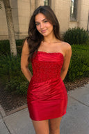 Red Strapless Appliqued Sheath Satin Corset Homecoming Dress | KISSPROM
