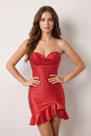 Red Strapless Bodycon Satin Ruffles Short Homecoming Dresses With Beading | KISSPROM