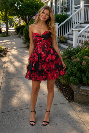 Red Strapless Floral Chiffon A Line Corset Tiered Homecoming Dress With Appliques (3) | KISSPROM